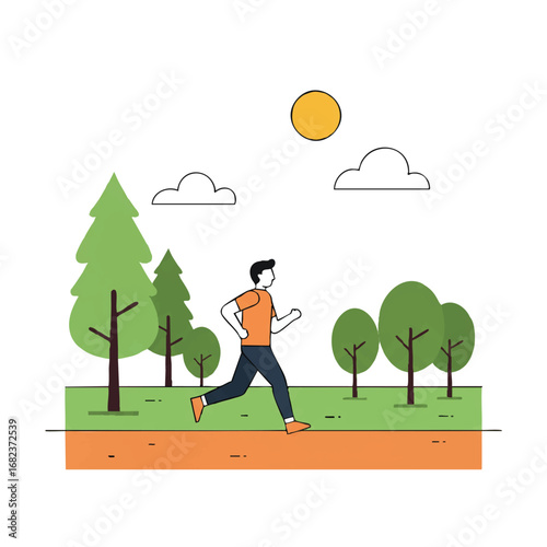 A flat 2D vector illustration depicts a person jogging happily on a scenic park path, surrounded by green trees under a bright sunny sky, wearing comfortable athletic clothing.
