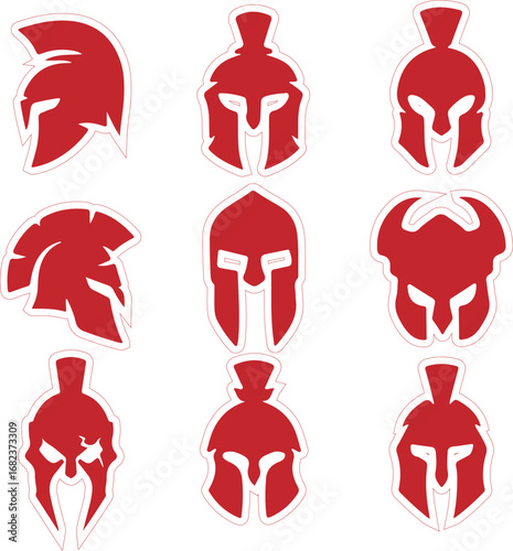 A collection of nine red Spartan helmet icons, each with a unique design and white outline, arranged in a grid pattern on a white background.