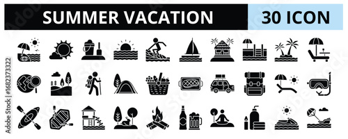 30 Summer Vacation Glyph Icons Vector - Sea, Island, Explore, Nature, BBQ, Snorkel, Waterpark
