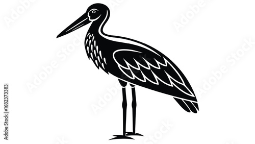 Black silhouette of a stork with detailed feathers on white background