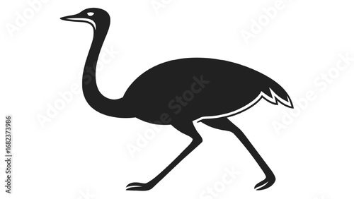 Black silhouette of a walking ostrich on white background