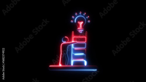 Neon silhouette person climbing ladder towards glowing light bulb idea inspiration innovation success achievement