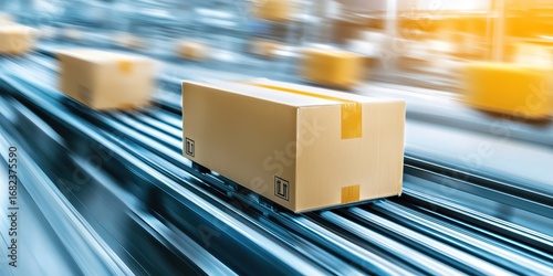 smart logistics factory concept. Packages moving swiftly on a conveyor belt in a modern distribution center.