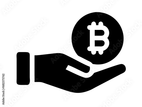 Black silhouette of hand holding a bitcoin currency coin with a b symbol on a white background view