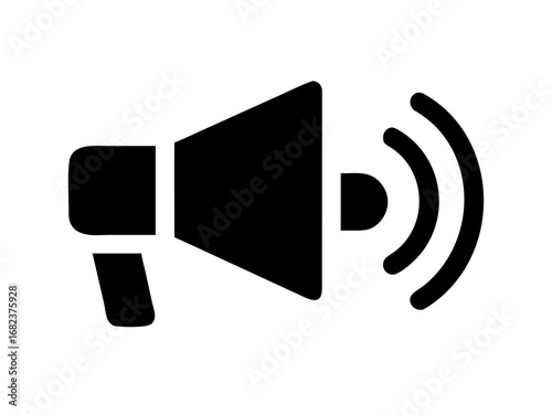 Illustration of a black megaphone with sound waves emanating from it on a white background view front