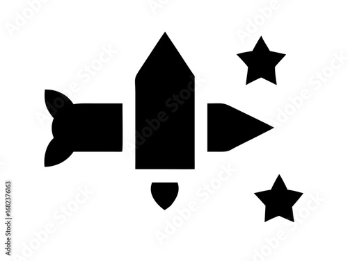 Illustration of a black rocket ship with two stars on a white background in simple vector style