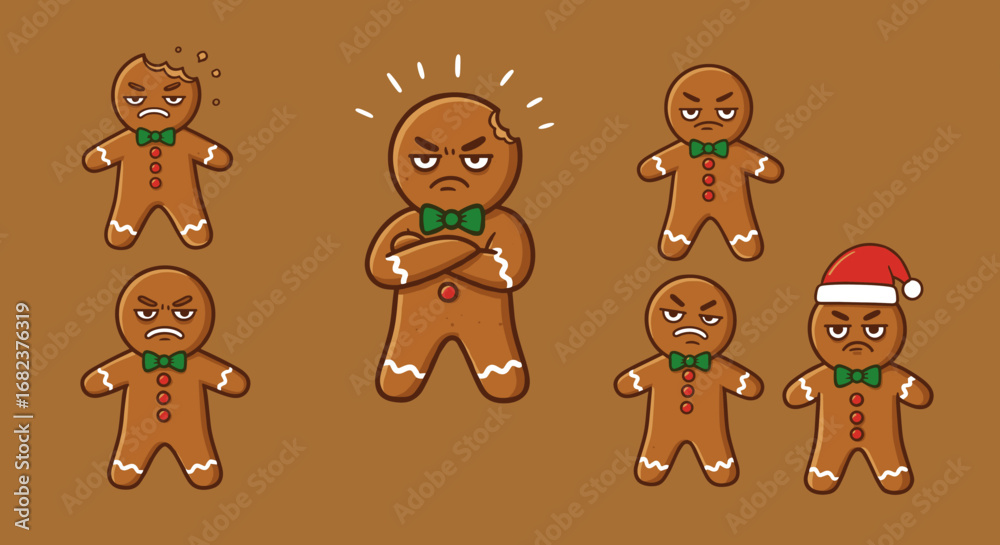 Fototapeta premium Vector art of group of angry gingerbread man cookies with different facial expressions