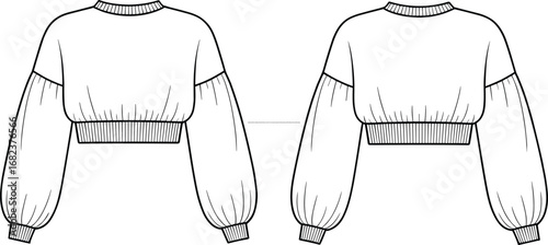 Cropped puff sleeve sweater, fashion flat sketch, women’s long sleeve top, ribbed hem pullover, trendy knitwear, front and back view