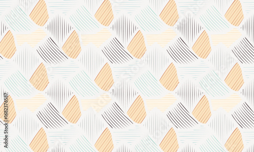 Abstract Hand-Drawn Seamless Pattern with Woven Hatching Textures, Artistic Geometric Background in Soft Pastel Colors