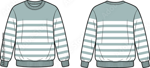 Striped crew neck sweater, fashion flat sketch, long sleeve knitwear, casual pullover design, men’s or women’s top, vector template