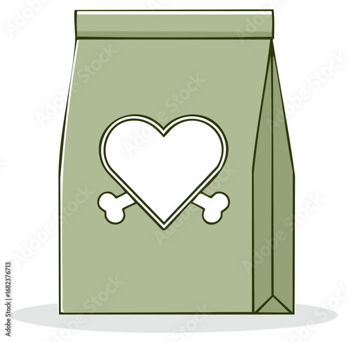 Green pet food bag illustration with heart and bones icon for dog and cat treats