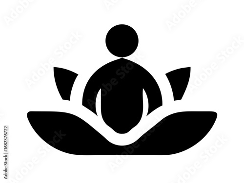 Silhouette of a person meditating in lotus position with floral elements in black and white simple design