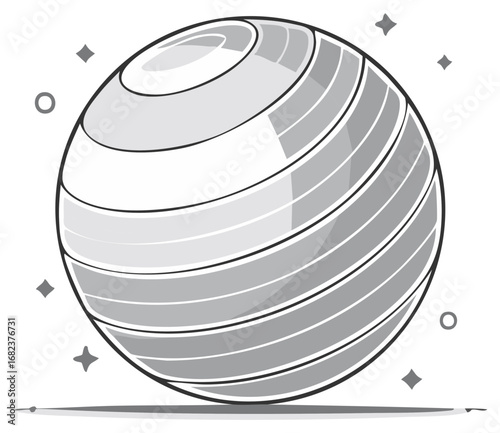 Abstract spherical shape with circular elements and starbursts graphic design