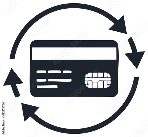 Credit card with rotating arrows, concept of payment and transactions.
