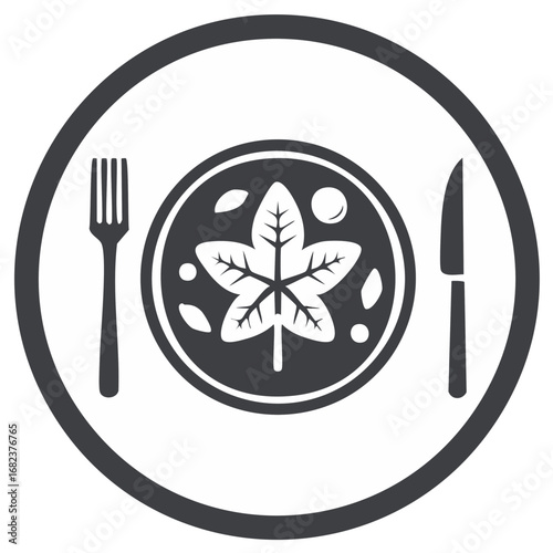 Leaf plate with fork and knife icon representing healthy food or seasonal cuisine