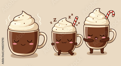 Vector art of cute cartoon cocoa cups with whipped cream and candy cane illustration