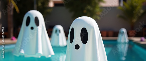 Floating ghost decorations above swimming pool during Halloween celebration. Spooky holiday atmosphere with creative outdoor party setup. Travel banner