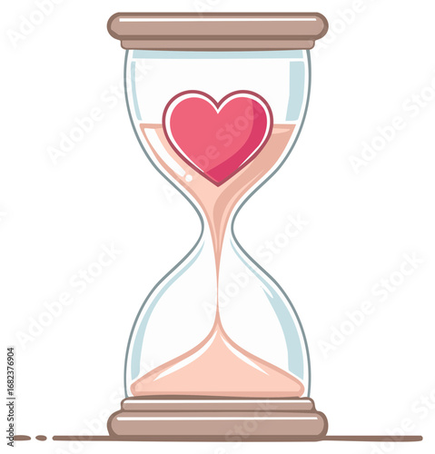 Symbolic Heart Hourglass Showing Romantic Time Passing, Love Elapsing Conceptual Illustration with Emptying Sand in Cartoon Style