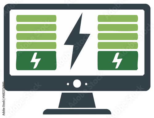 Monitor Screen Displaying Charging Batteries and Energy Bolt, Flat Vector