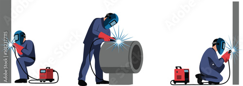 Professional welders using welding machines, metalwork fabrication process, industrial safety gear, sparks flying, construction workers, heavy-duty welding equipment