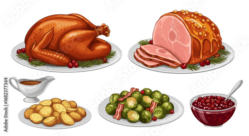 Vector art of thanksgiving and christmas dinner with turkey, ham, and side dishes isolated
