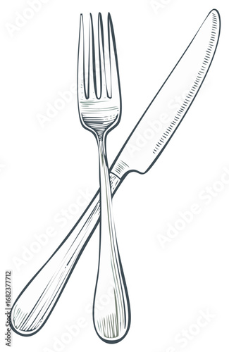 Detailed sketch of crossed fork and table knife forming linear composition for culinary or dining designs.