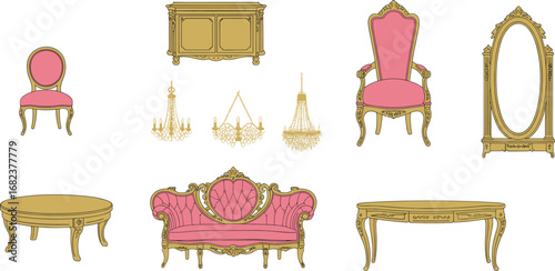 Elegant vintage furniture and decor with pink upholstery, including chairs, chandeliers, tables, mirror, and more for classic home interiors