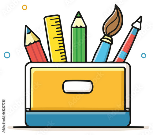Cartoon pen holder with colorful pencils, ruler and paintbrush. School and art supplies.