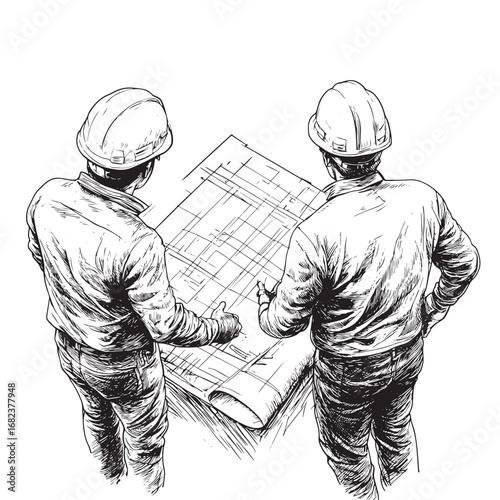 top view three construction engineer looking at blueprint in construction site vector illustration sketch doodle hand drawn with black lines isolated on white background