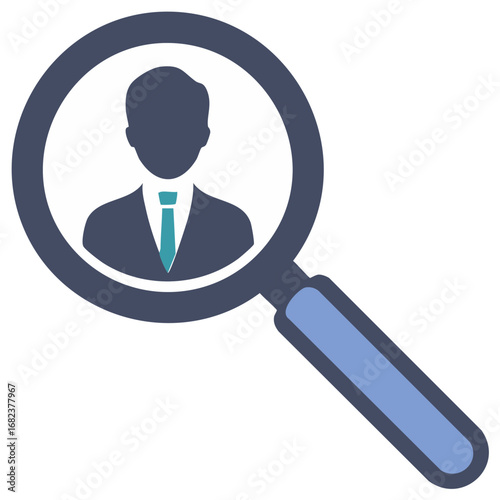 Man with a tie under a magnifying glass, symbolizes recruitment and job search with flat design for HR solutions