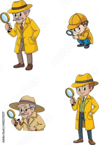 Detective Characters with Magnifying Glass, Cartoon Illustrations of Investigators in Yellow Coats, Sherlock Style Characters, Posing for Mystery Investigation
