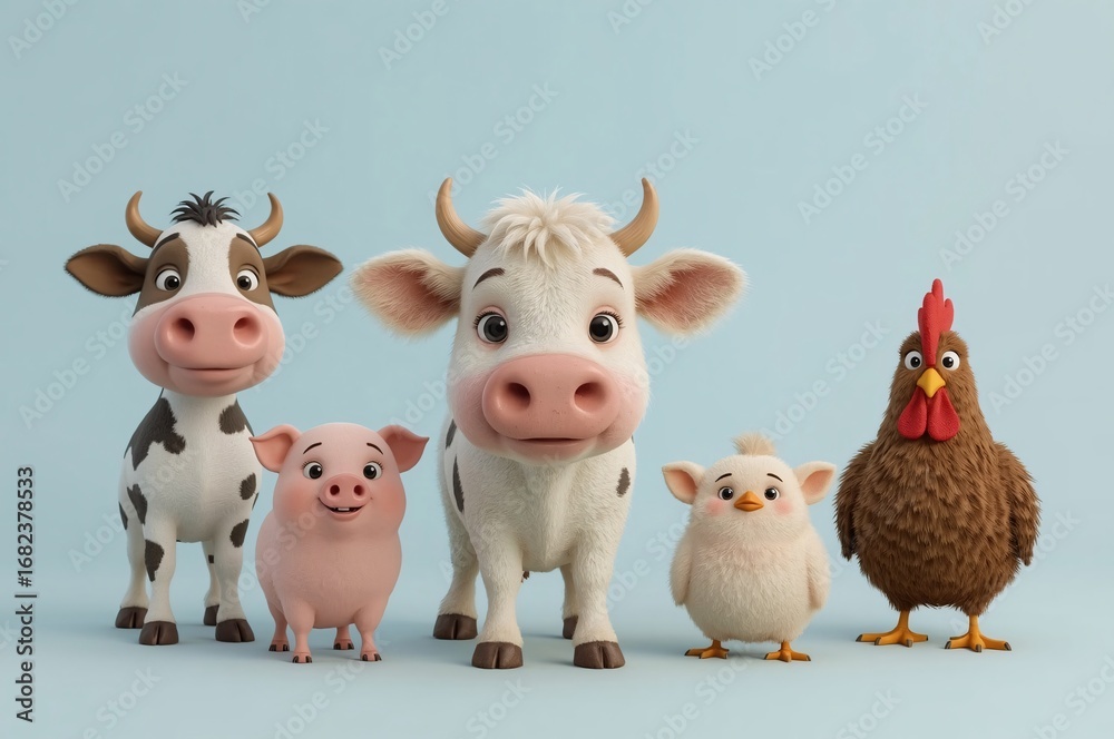 Naklejka premium Cartoon farm animals studio shot, pastel background