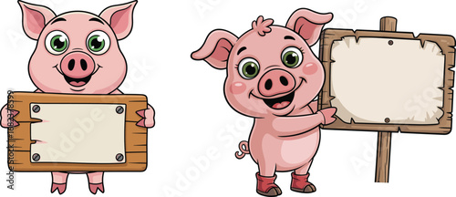 Cute cartoon pig characters, smiling pig holding wooden sign, farm animals, hand-drawn pigs, blank sign board, funny illustration