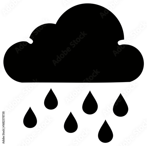 Dark cloud with raindrops icon on white indicates a thunderstorm or heavy rain weather. Precipitation graphic isolated element.