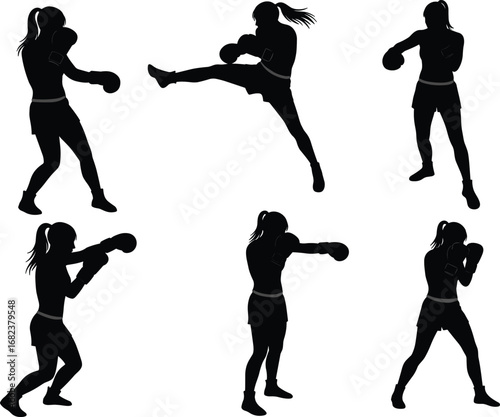 Female boxer silhouette poses, kickboxing training stances, martial arts fighting moves, sports fitness action, combat sport athlete vector, dynamic boxing illustration, flat design