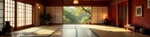 Traditional dojo, tatami mats, Japanese decor, intense, peaceful, wooden floor