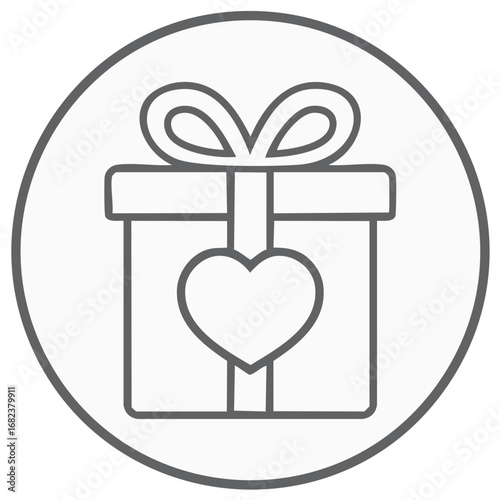 Outline gift box with heart symbol and bow in a modern circular icon representing love and generosity
