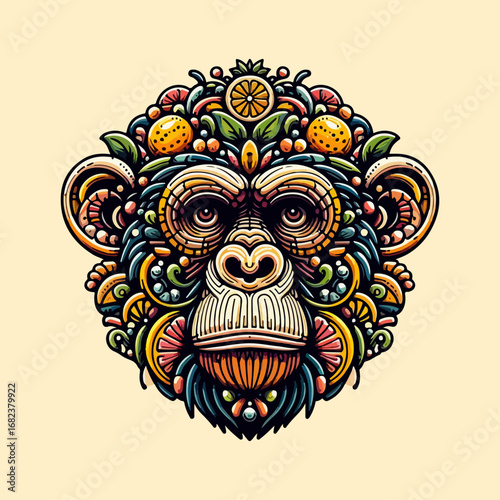 Colorful monkey face with floral ornaments, art illustration.