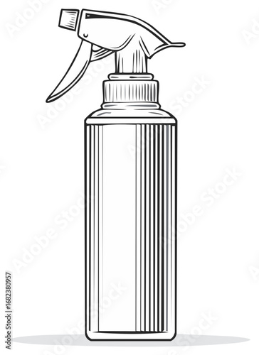 Detailed line art illustration of a versatile blank spray bottle dispenser for liquids