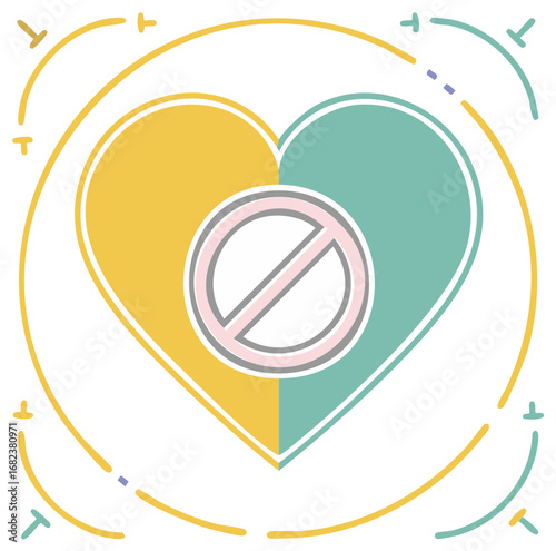 Heart symbol with prohibition sign and abstract design elements, symbolizing restrictions and limitations