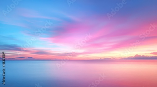 A serene seascape at dusk, showcasing vibrant pink and blue hues blending in the sky above calm waters.