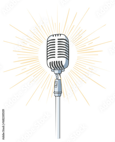 Vintage microphone with retro style sunburst background, broadcasting, music concept.