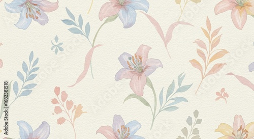 Watercolor Floral Pattern: Pastel Lily and Leaf Design.