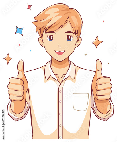 Smiling cartoon man gives enthusiastic thumbs up with sparkles, radiating positivity and approval, wearing a white shirt