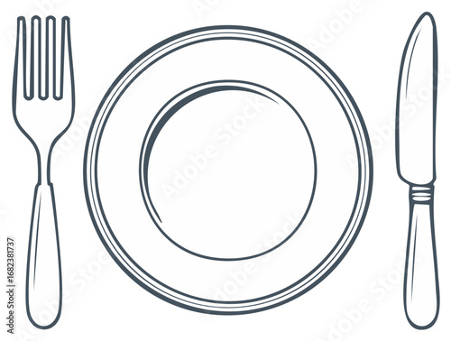Simple outlined plate fork and knife graphic for dining or restaurant concepts