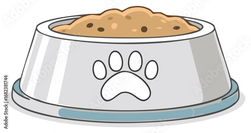 Cartoon pet food bowl filled with dry kibble and a paw print design