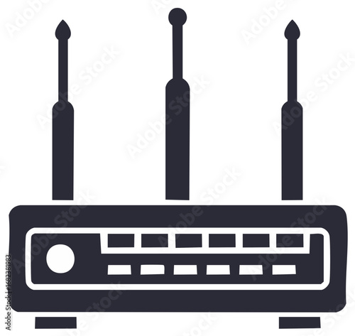 Stylized black router, modem with three antennas and indicator lights for a strong home or office wifi connection