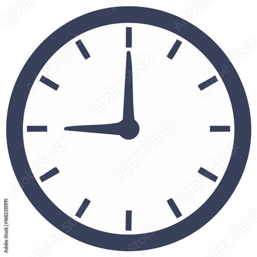 Clock Icon Illustration Displaying the Time of Nine O'Clock in Navy Blue Tones
