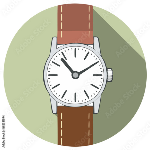 Classic wristwatch with a white face and brown leather strap in a circle