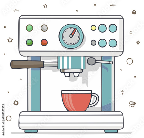 Flat design illustration of a retro coffee machine brewing espresso into a red cup